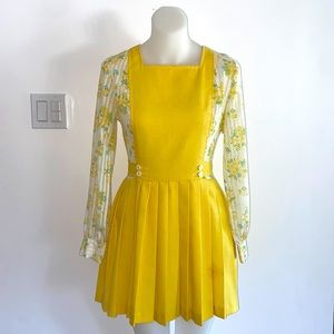 60s Vintage Yellow & Floral Pleated Specialty Overall Dress